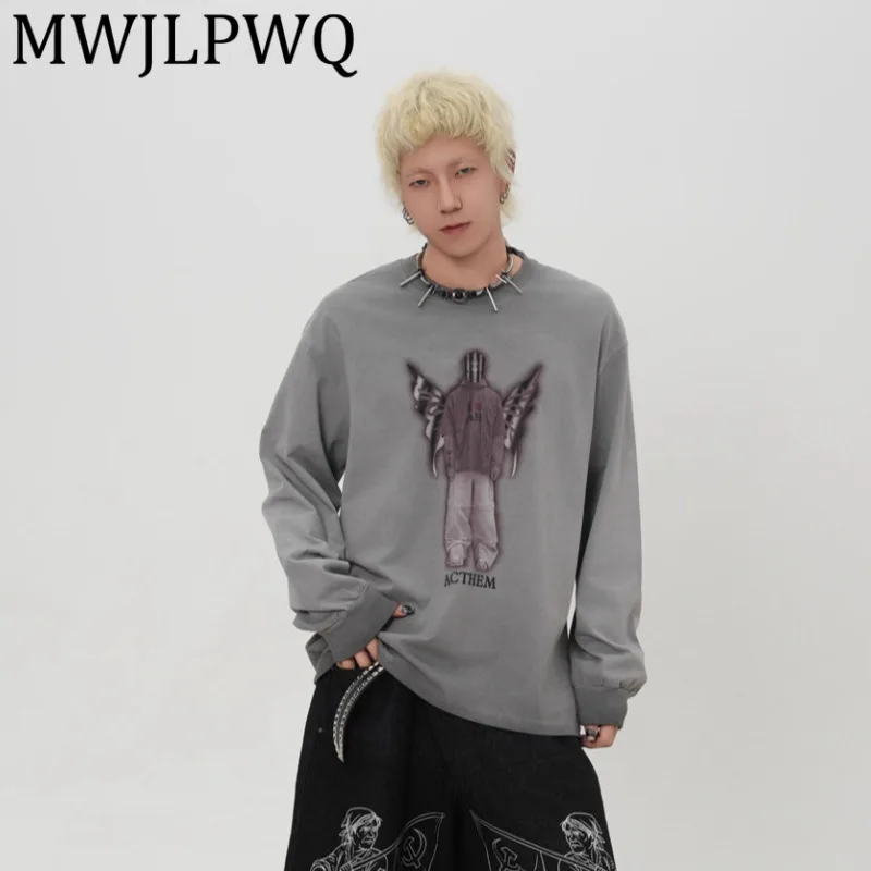 

MWJLPWQ 2025 Autumn New Modish Male T-Shirt American Style Loose Washed Printed Design Long Sleeve Round Collar Casual Top 21475