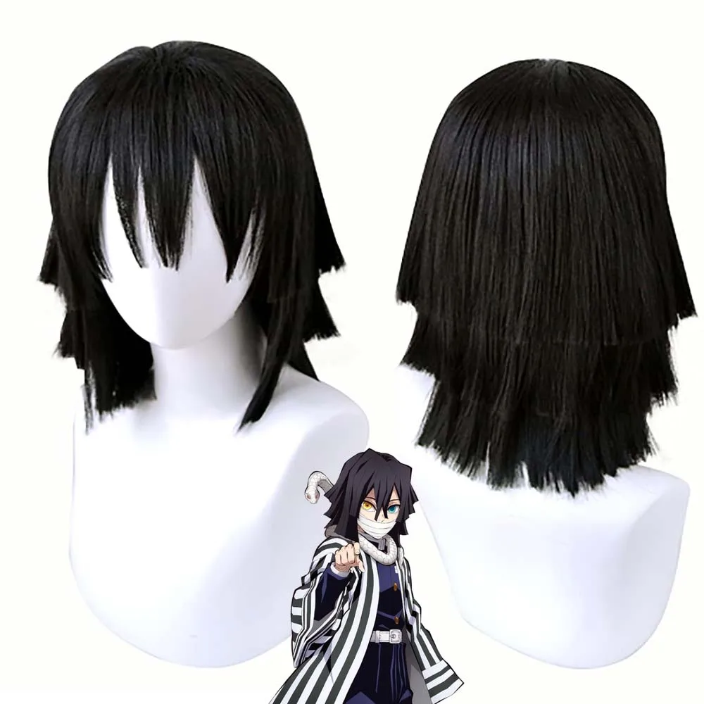 Accessorio per costume da festa di Halloween Anime demone slayer Iguro Obanai Cosplay Parrucca per capelli sintetici neri a strati corti per uomo