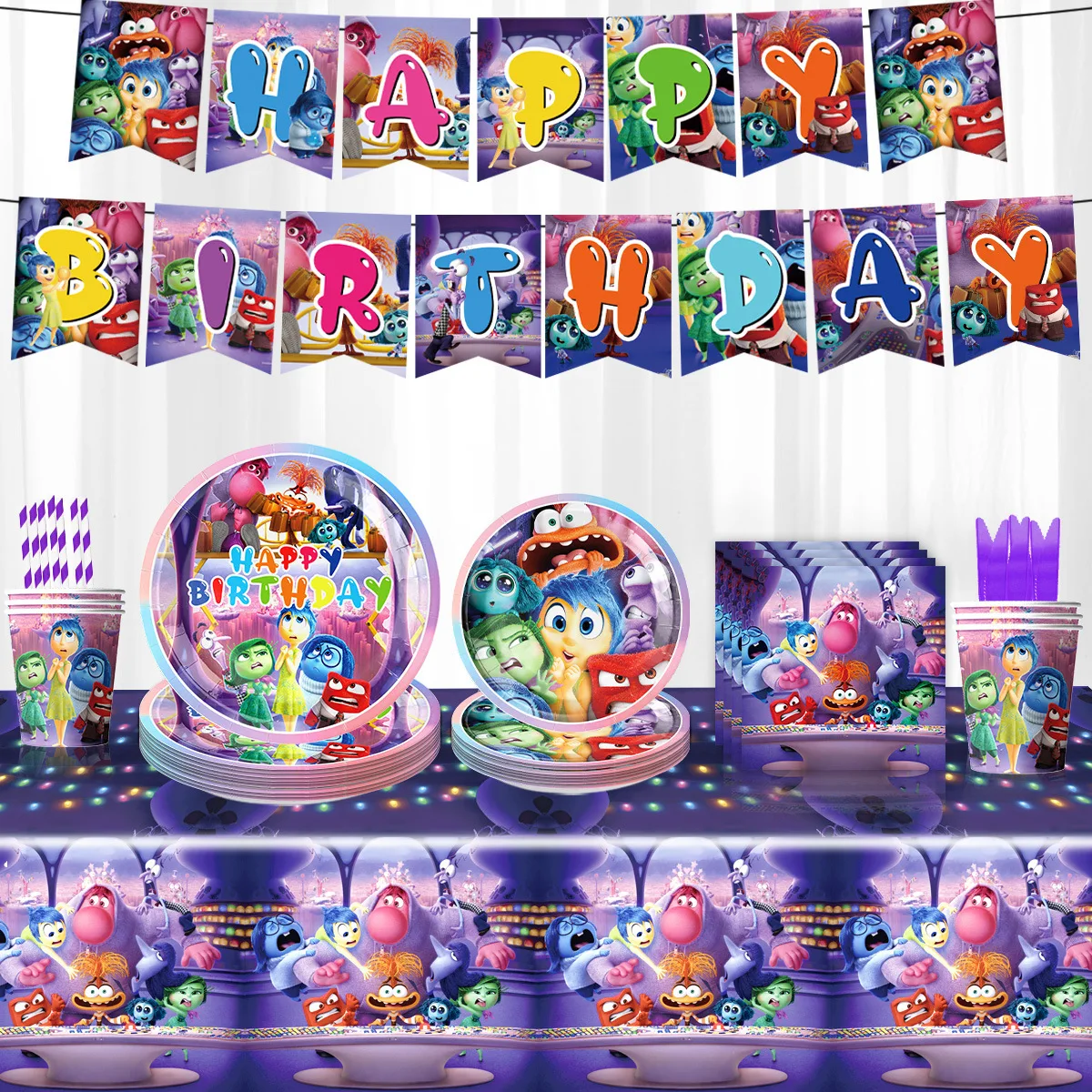 Inside Out 2 Disney Party Decoration Tableware Plate Cup Banner Napkin Kids Birthday Supplies Decor Balloon Number Set Gift Bag