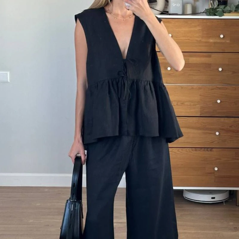 TARUXYFashion 코튼 린넨 롱 팬츠 세트 여성용 브이넥 민소매 레이스 업 탑 풀 하이 웨이스트 여름 레이디 루즈 파티 의상