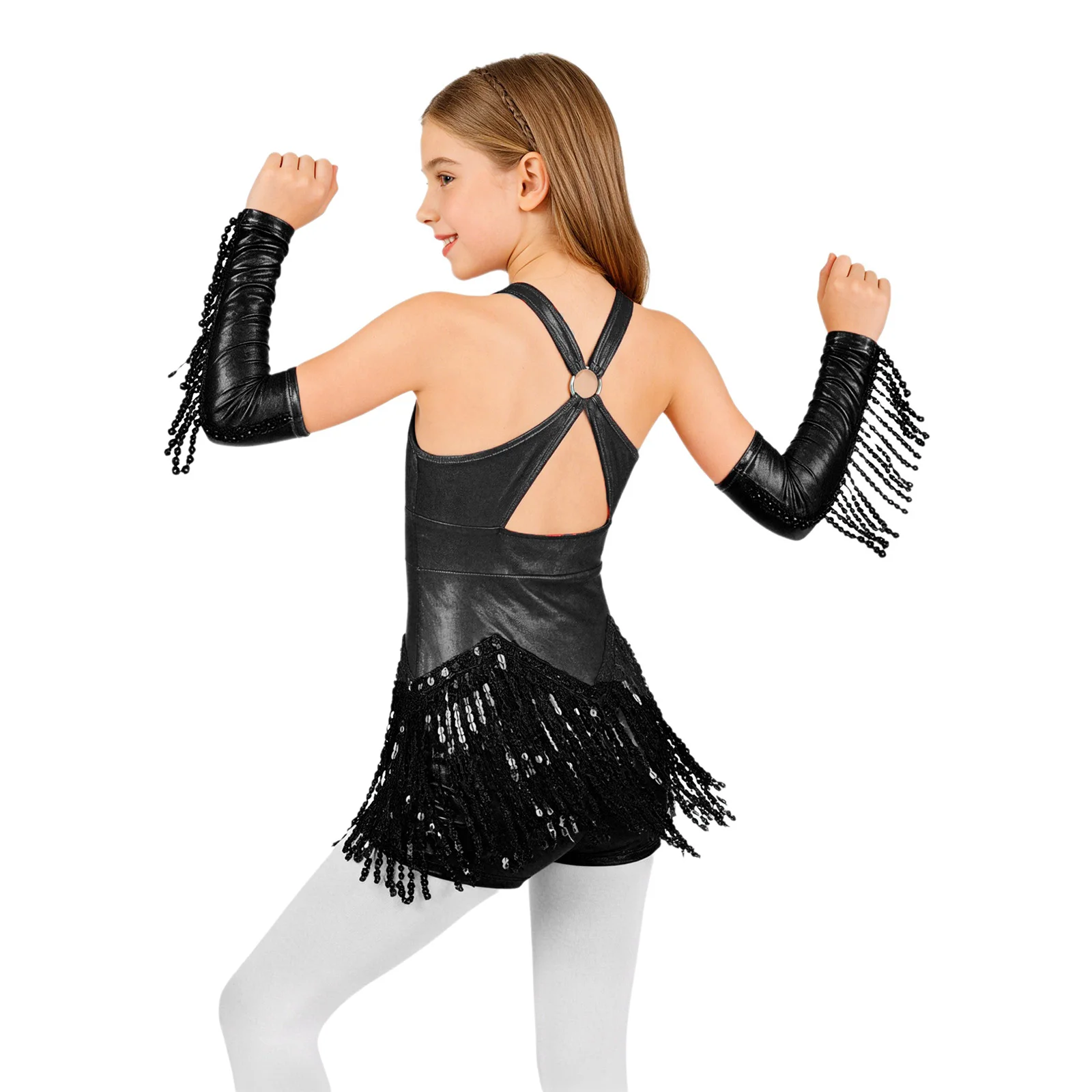 Kids Girls Sparkly Sequins Cross Front Cutout Back Leotard Tassel Gloves Rhythmic Jazz Latin Cha Cha Dance Performance Outfits