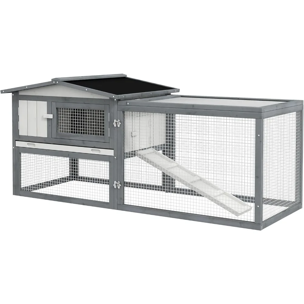 

Rabbit Hutch 2-Story Bunny Cage, Guinea Pig Cage, Small Animal House with Slide Out Tray, for Indoor Outdoor, 61.5" x 23" x 27"