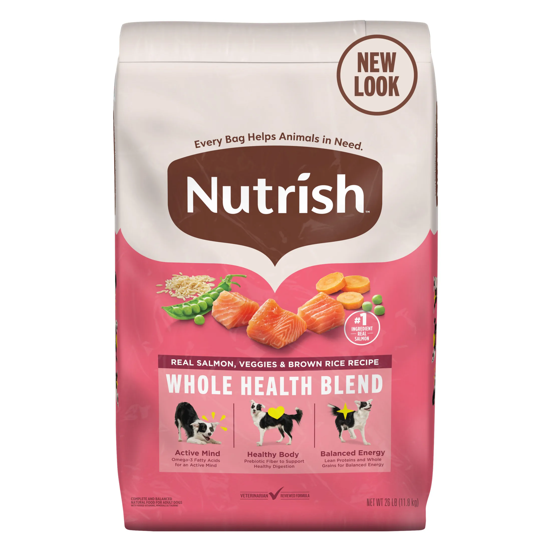 Real salmon with vegetables and brown rice dry dog food for whole health support 26 lb bag