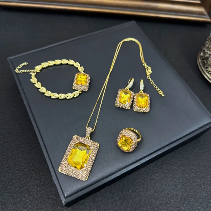 Luxury Blue Square Pendant Crystal Four Piece Set European American French Niche Fashion Jewelry High Quality