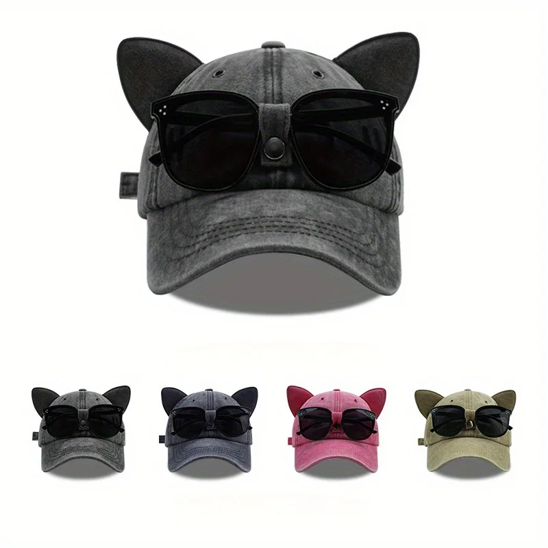 

Sunglasses Baseball Cap Cat Ears Aviator Breathable Adjustable Sun Protection Snapback Caps For Women Men Sports Hiking Dad Hat