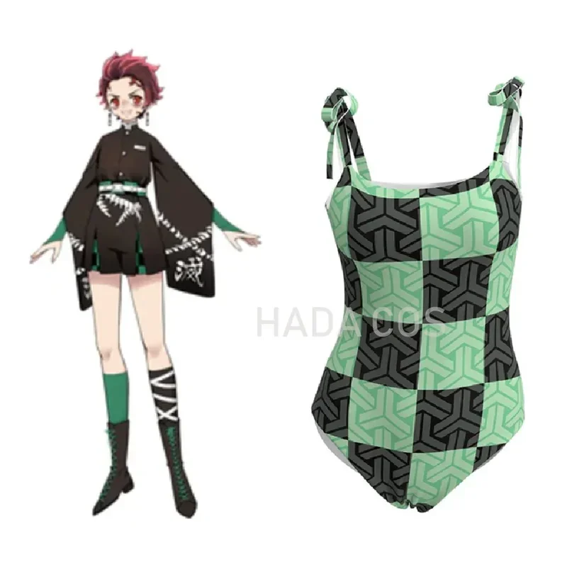 Biquíni de maiô anime com quimono para mulheres, traje cosplay Nezuko Shinobu, maiô sexy, roupa de banho na piscina