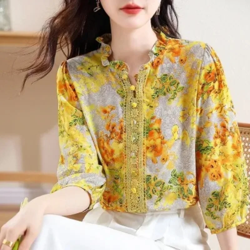 

Spring and Summer New Women's Shirts Loose Fashion Casual Printing Pullover Half Neck Button Commuter Elegant Vacation Tops