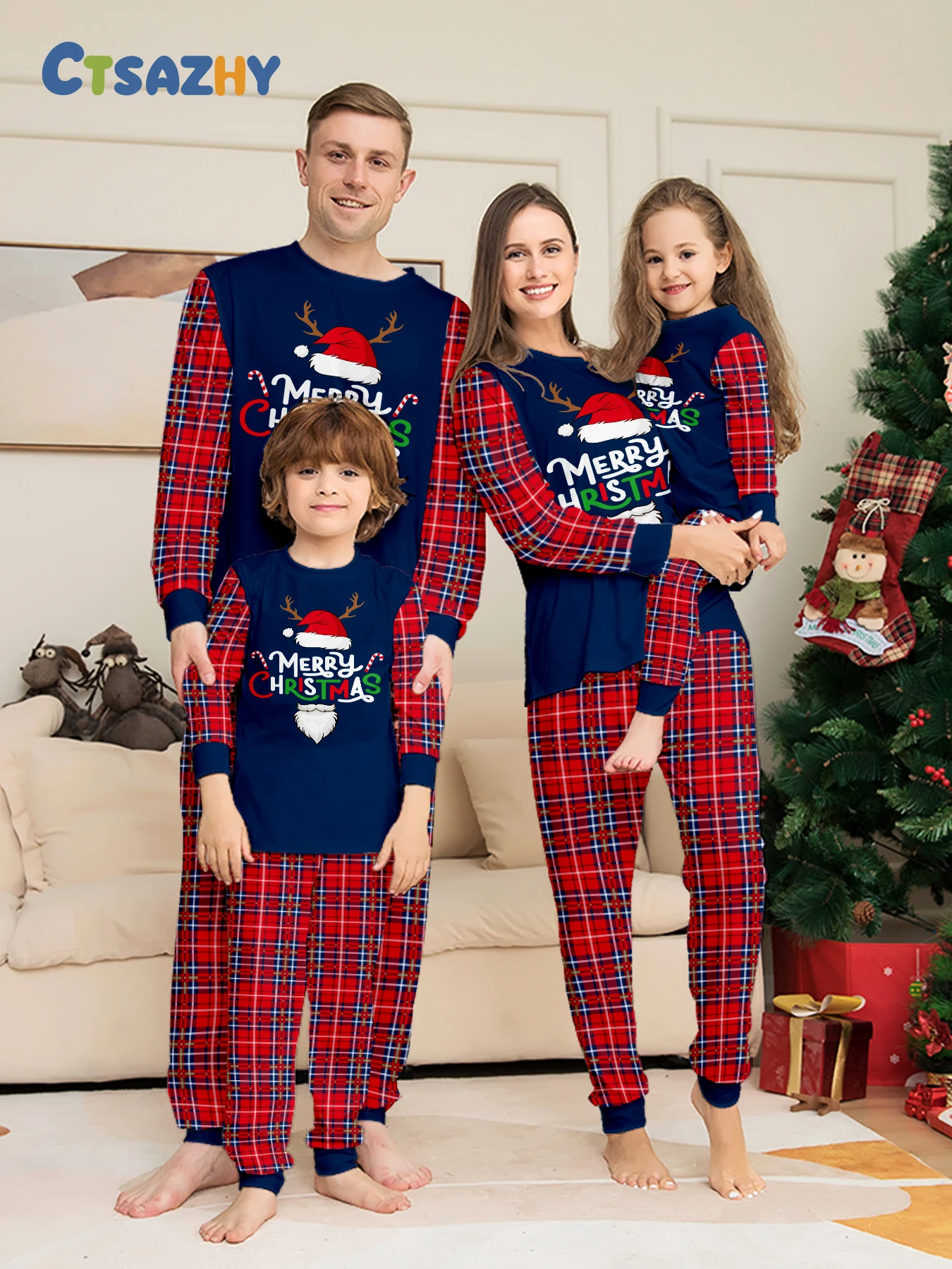 

Family Matching Xmas Sleepwear - Color - Blocked Santa Hat - Printed Tops & Plaid Bottoms