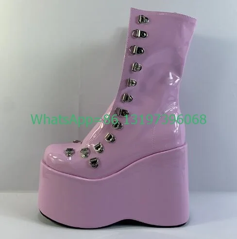 Lady colorful Mary Janes platform calf boots pink mirror patent boots platform vintage style punk boots lace-up causal boots 46