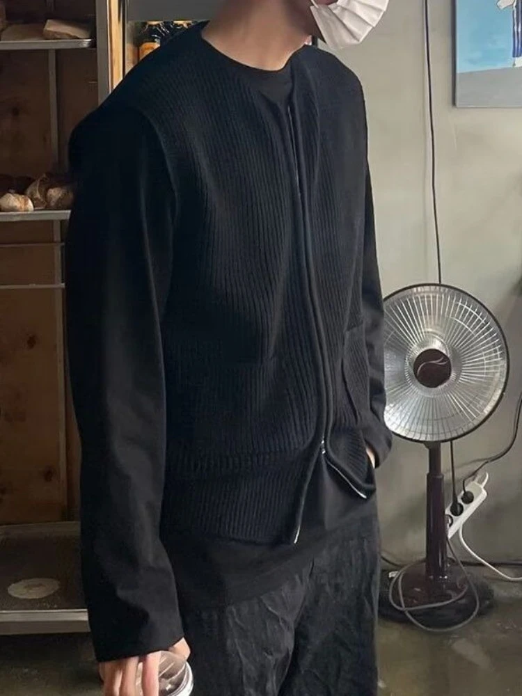 

Свободный крой вязаный кардиган, жилет унисекс, двусторонняя молния, сплошной цвет, повседневный корейский стиль, минималистичный модный топ для мужчин и женщин