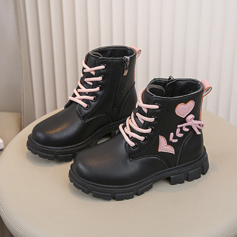 Girls Ankle Boots Children Fashion Boots Pink Elegant Zipper Love Pattern Kids Princess Leather Boots Anti-Slippery Size 26-37