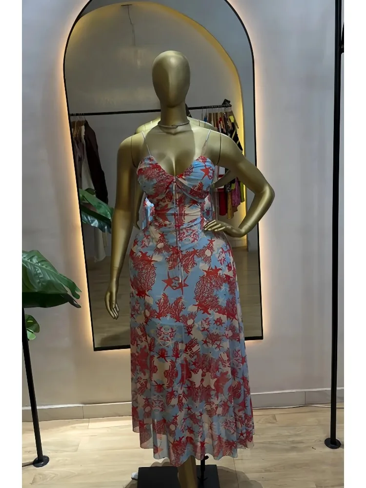 Elegant Women Printed Strap Sleeveless backless Maxi Long Dress 2026 Summer Beach Vacation Vintage Sexy Party Evening Dresses