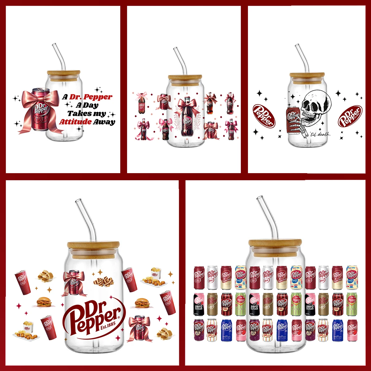 

Наклейки UV DTF для стаканов серии Pepper Soda Drinks with Bow, для стаканов 16 унций, холодный перенос, виниловые наклейки UVDTF для стаканов