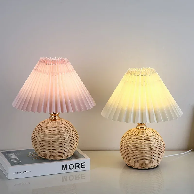 Table Lamp Nordic Ins Night Lights Pleated Cloth Lampshade Bedside Atmosphere Lighting Fixture