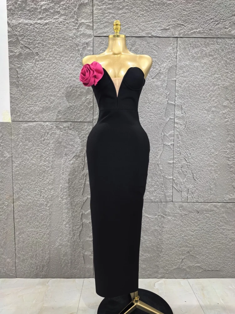 

Black Color Women Sexy Strapless Florals Bodycon Long Bandage Dress Elegant Evening Party Celebrate Birthday Outfit Vestido