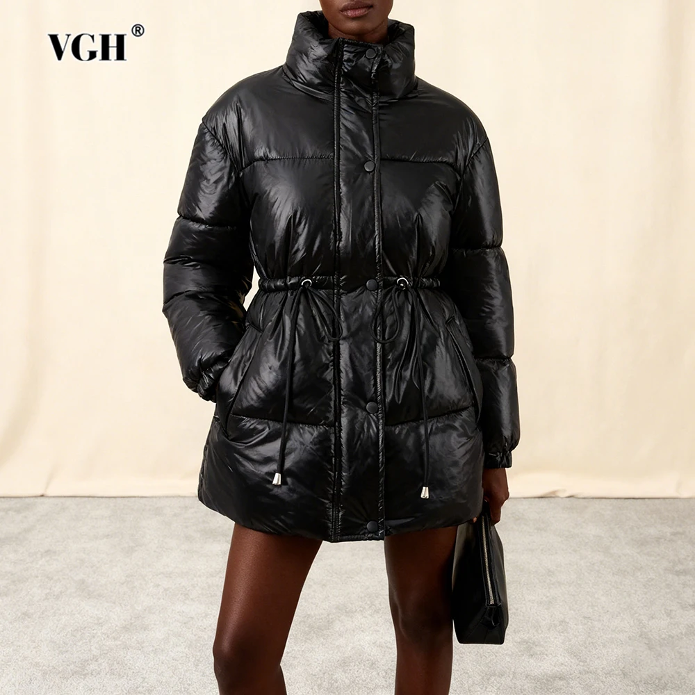 

VGH однотонные зимние повседневные пуховики для женщин с воротником-стойкой, длинные рукава, теплая темпераментная куртка на пуговицах, женская новинка