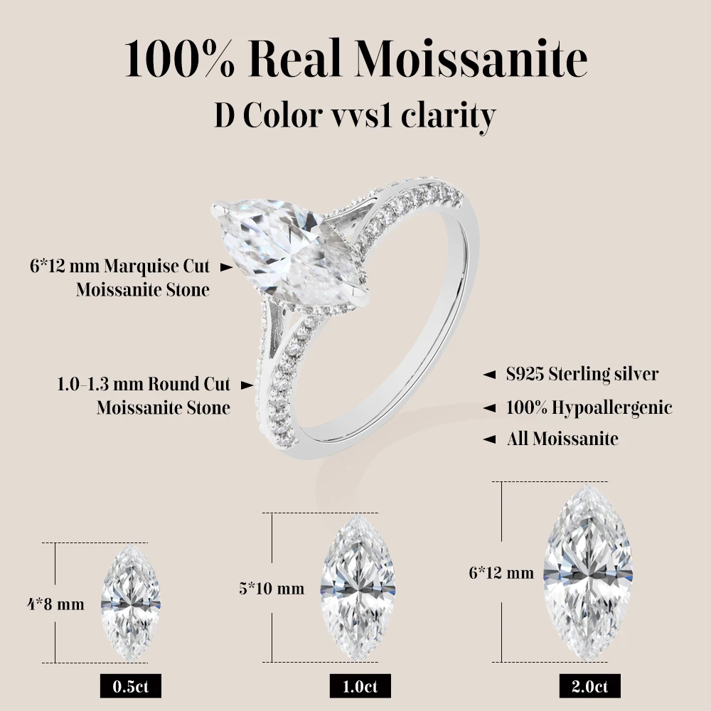 CHARMING New Luxury Shining Marquise 2ct Moissanite Ring S925 Silver for Women Party Jewelry Gift High Value Anniversary Wedding