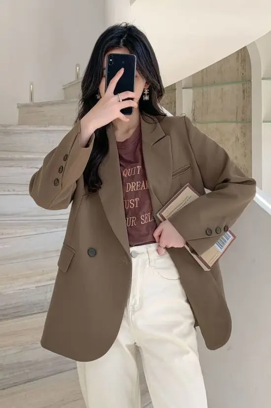 Abiti popolari coreani Stile vecchio denaro Donna Blazer nero Cappotto da donna Singolo bottone Puro paillettes Silhouette Abbigliamento Vita chiusa