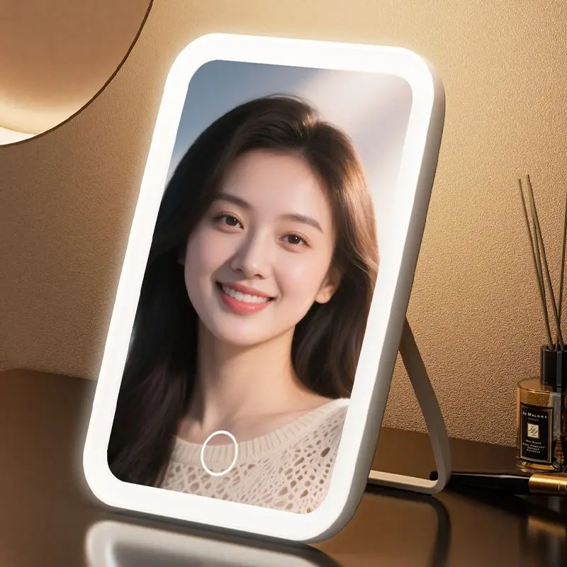 Portable Foldable LED Makeup Mirror – Tri-Color Dimmable Light, Standing Vanity Mirror with Rechargeable Battery