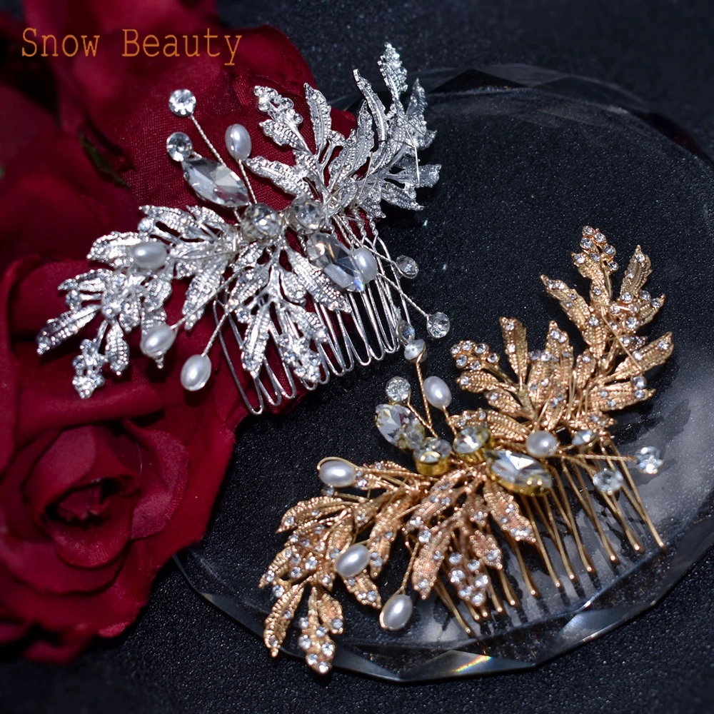 A83 Crystal Wedding Hair Accessories Pearl Bridal Hair Comb Leaf Bride Headdress Handmade Bride Headpiece for Women Jewelry