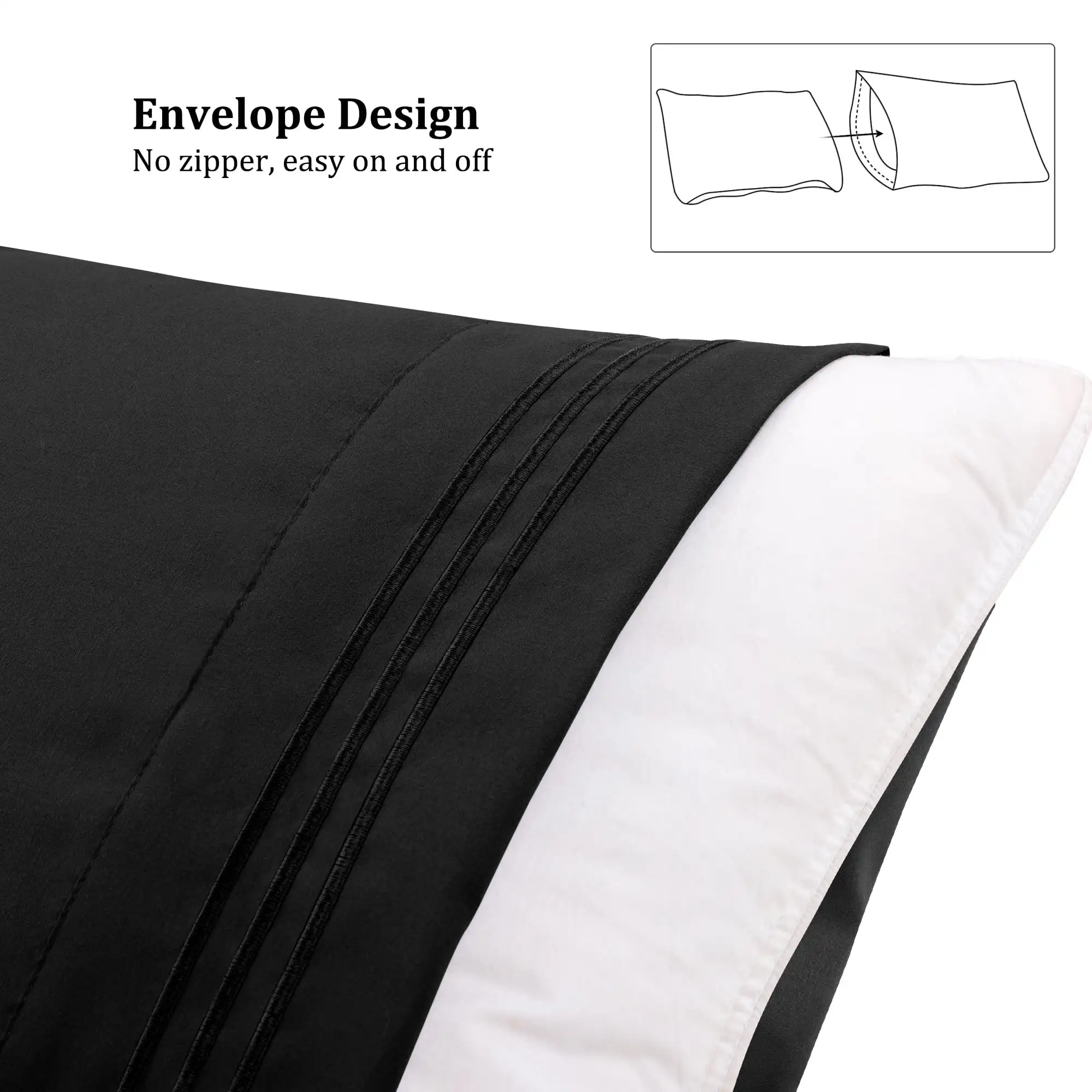 Polyester Body Pillowcases 2 Pcs with Envelop Black 20x54