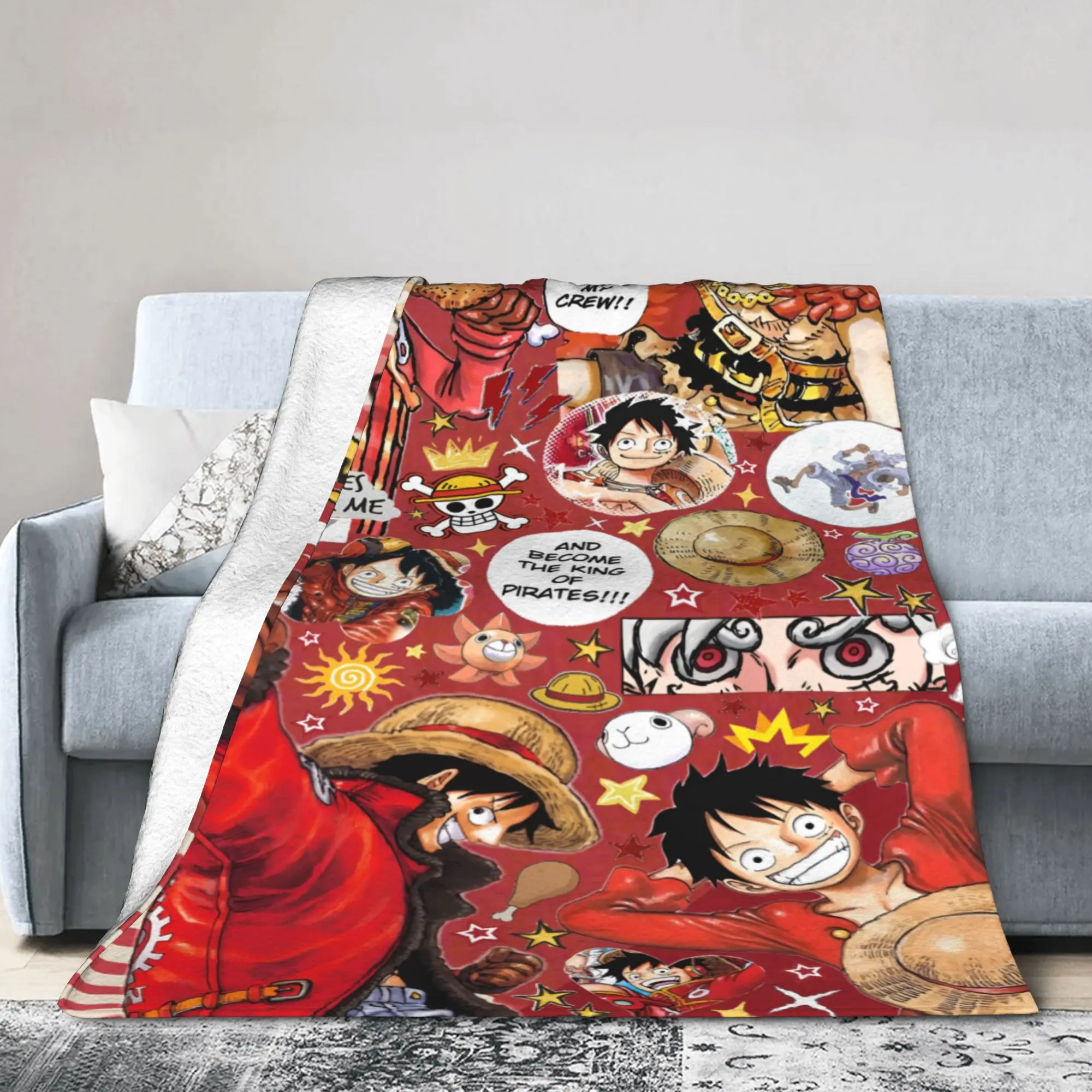 Custom Sofa Fleece Anime Luffy Comic Throw Blanket Warm Flannel Comic Blankets for Bed Office Couch Quilt