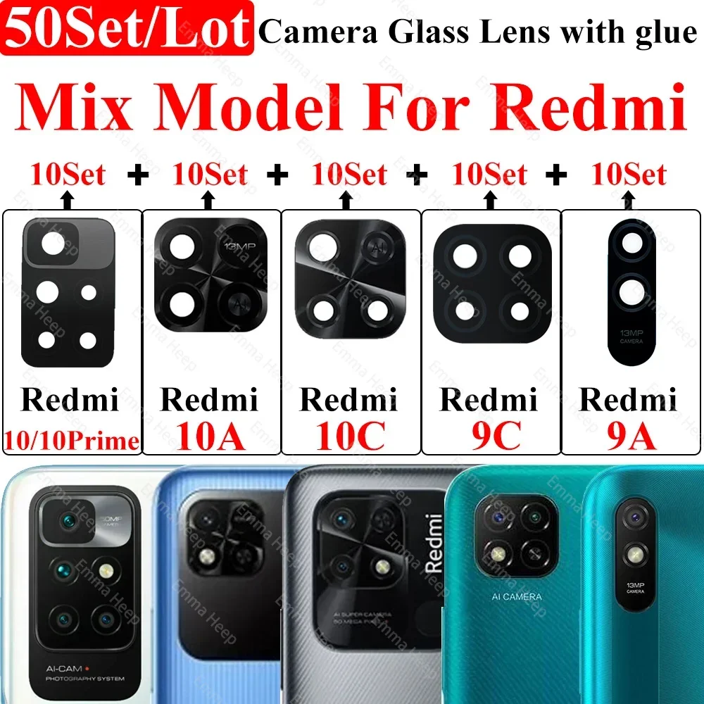 Câmera traseira lente de vidro para xiaomi redmi note 11 10 pro poco m4 pro mi 11t redmi 9c modelo mix com cola, 50pcs