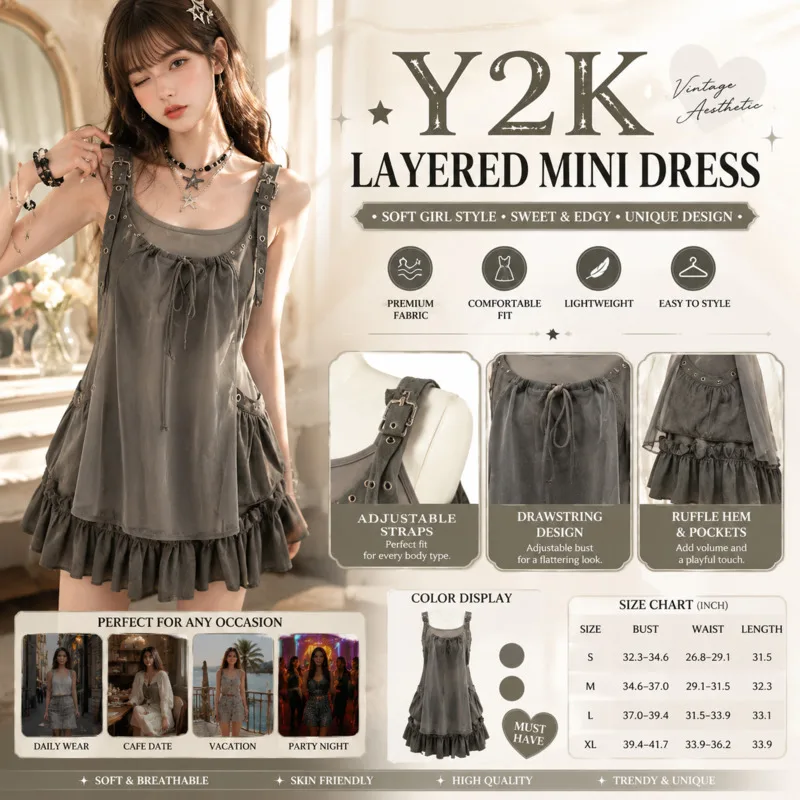 Vintage Grey Mesh Splicing Adjustable Suspender Dress 2 Piece Set Punk Ruffle Mini Dress For Young Women Summer Daily Outing New