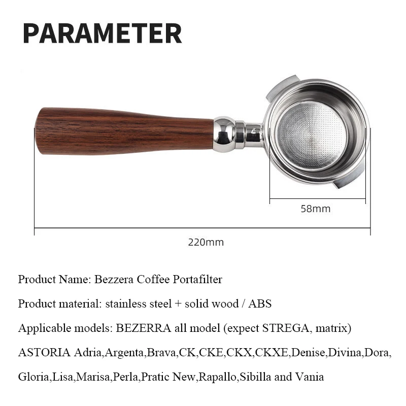 58MM Two-Ears Portafilter Stainless Steel Coffee Machine Bottomless Filter for Bezzera Wooden Handle Coffee Accessory