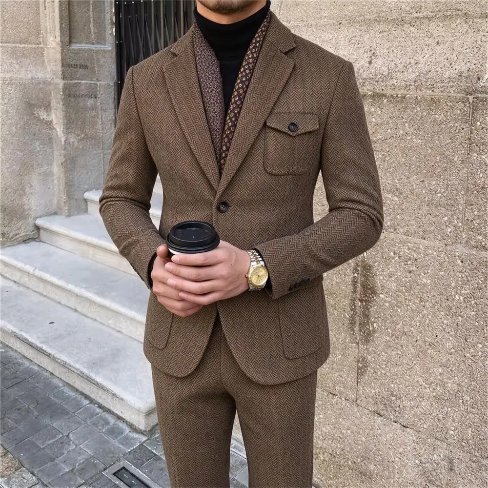 Vintage Men's Suit 2 Pieces Herringbone Tweed Business Formal Casual Slim Fit Blazer Pants Party Wedding Dress Costume Male Suit