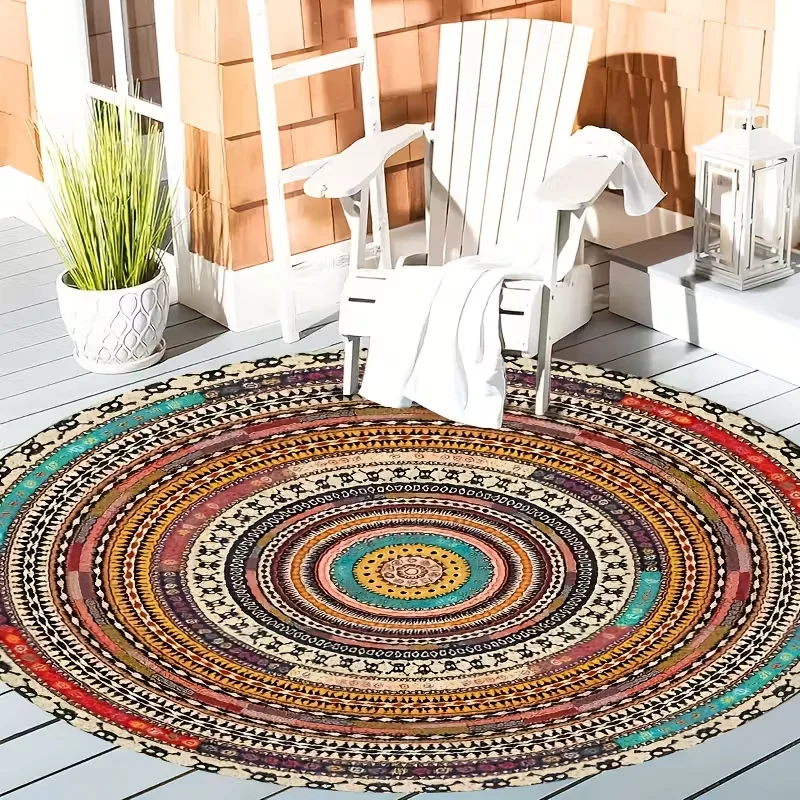 Böhmischer Mandala-Design, runder Outdoor-Teppich, rutschfest, waschbar, für Wohnzimmer, Schlafzimmer, Hand für Café, Restaurant, Dekoration