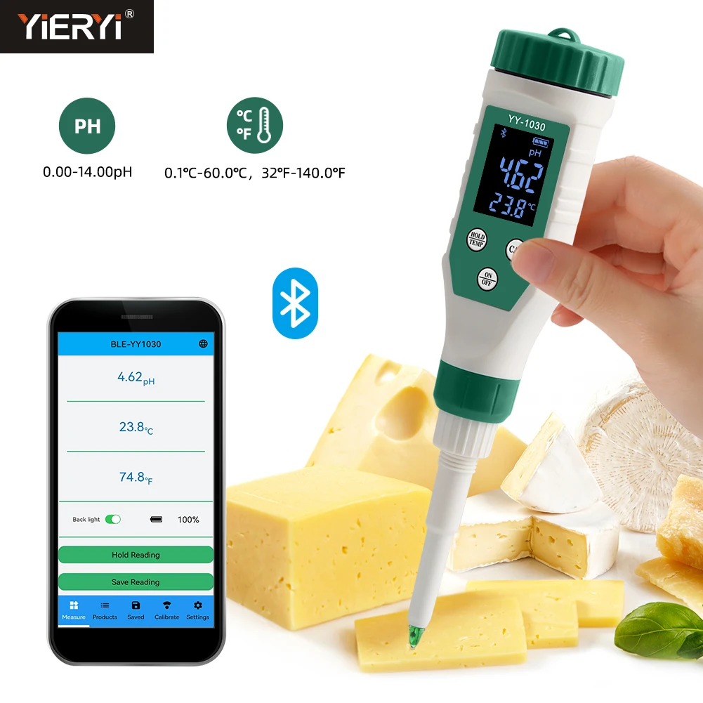 Digital Bluetooth Food PH Meter 0.00~14.00 High Accuracy Sensor Smart Temp Acidity Tester for Brewing Fruit Cheese Meat Canning