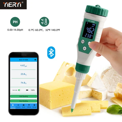 Medidor digital de ph de alimentos, bluetooth, 0.00 ~ 14.00, sensor de alta precisão, temperatura inteligente, testador de acidez para fabricação de frutas, queijo, conservas de carne