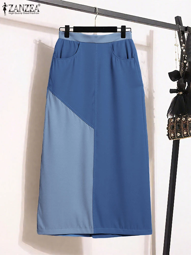 

ZANZEA Fashion Maxi Skirts Women Color Patchwork Long Skirt 2025 Summer High Waist Casual Loose Bottoms Elastic Waist Overskirts