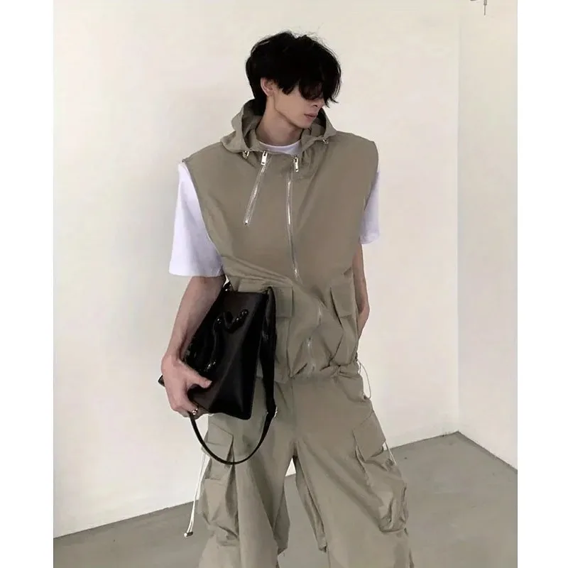 Summer Sleeveless Set Men Women Multi-Pocket Hooded Vest +jogging Cargo Pant Spring Loose Casual Zipper Two Piece Suit Street