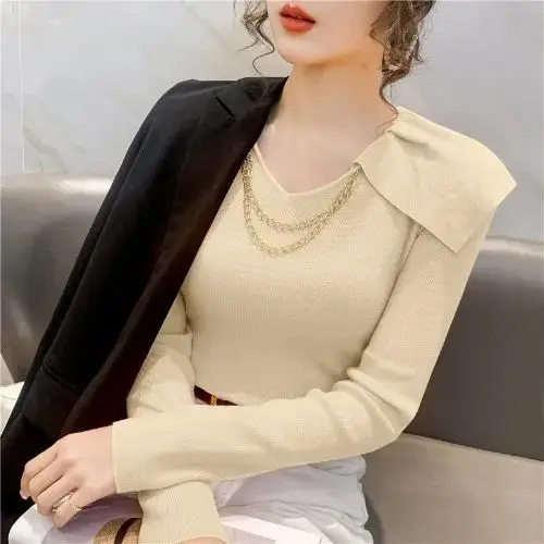 Women\'s Trendy Chain Ruffle Design Elegant Basic Knitted Sweater Autumn Winter Female V Neck Chic Pullover Tops Long Sleeve Ropa