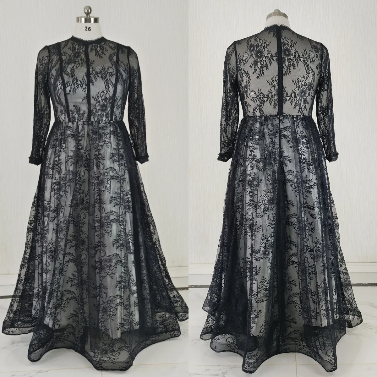 

Вечернее платье на заказ с реальной фотографией, черное вечернее платье трапециевидной формы с вышивкой длиной до пола, с длинными рукавами, большие размеры, женское вечернее платье E1326