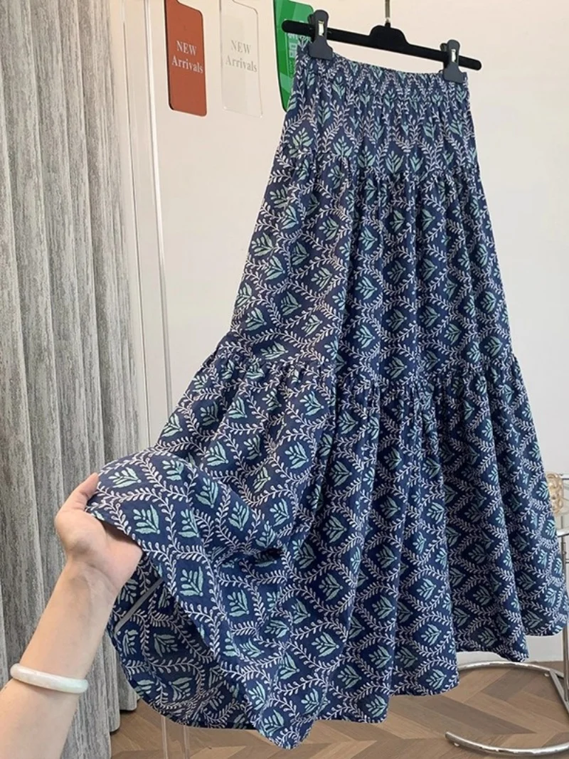High End Retro Floral Midi Skirt Large Size Summer Women's Long A-Line Spliced Fishtail Skirt W246