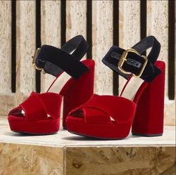 Red Suede Platform Sandals Peep Toe Chunky Heels Ankle Straps Buckle Hollow Cross Straps Fashion Women Sexy Classic Vintage Shoe