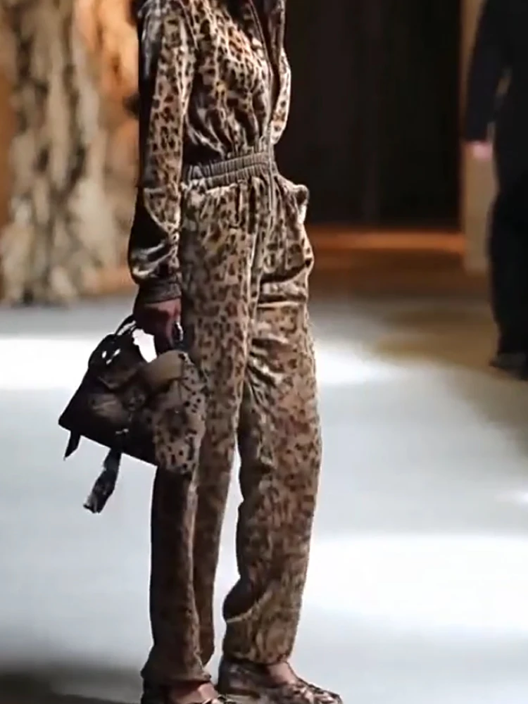 

Модный комбинезон с капюшоном на талии и молнией в стиле ретро, замшевый комбинезон с леопардовым принтом и карманами, женский повседневный уличный свободный длинный комбинезон с длинными рукавами