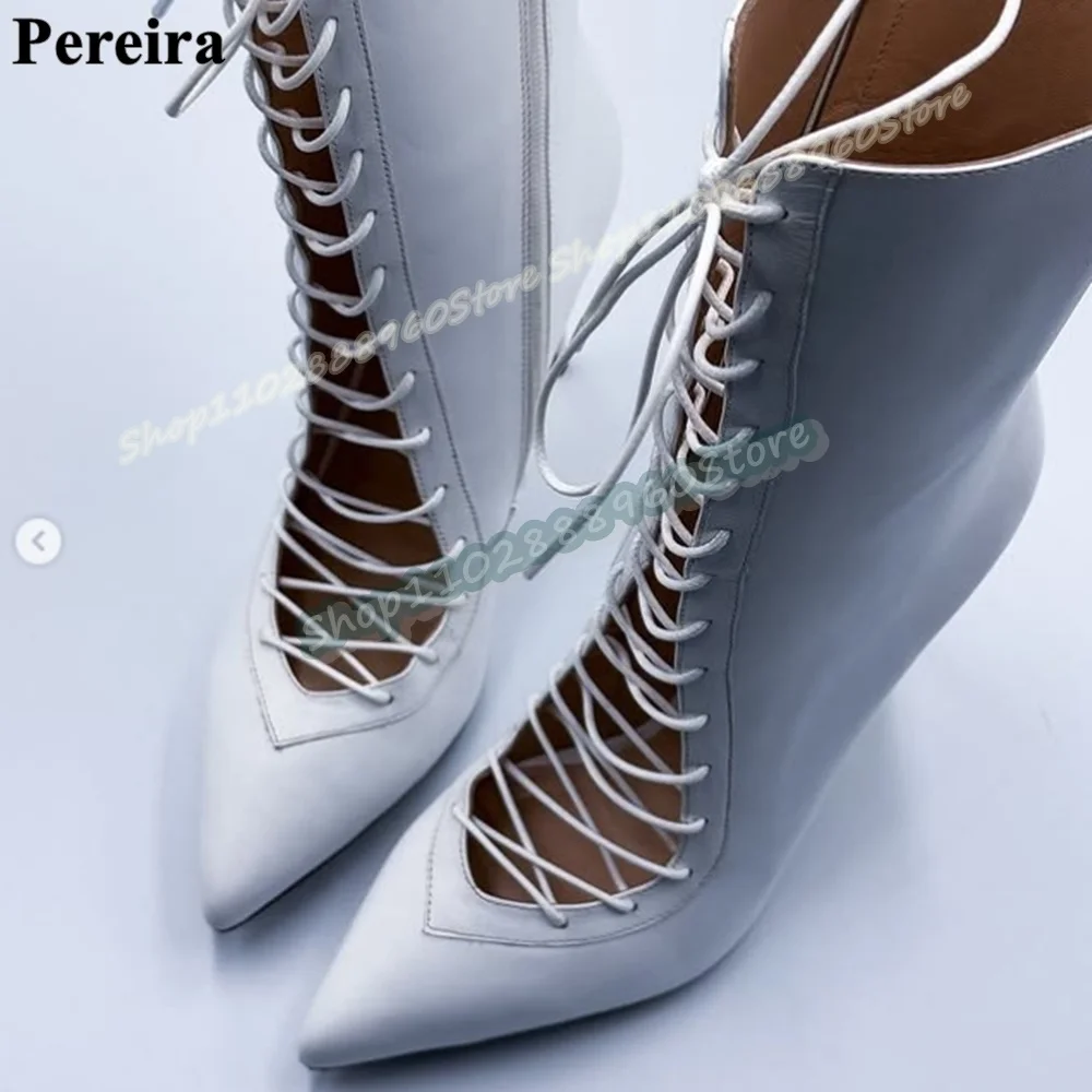 

Elegant White Leather Cross Tied Pointy Ankle Boots Stilettos High Heel Shoes For Women Side Zipper Pointed Toe Trending Boots