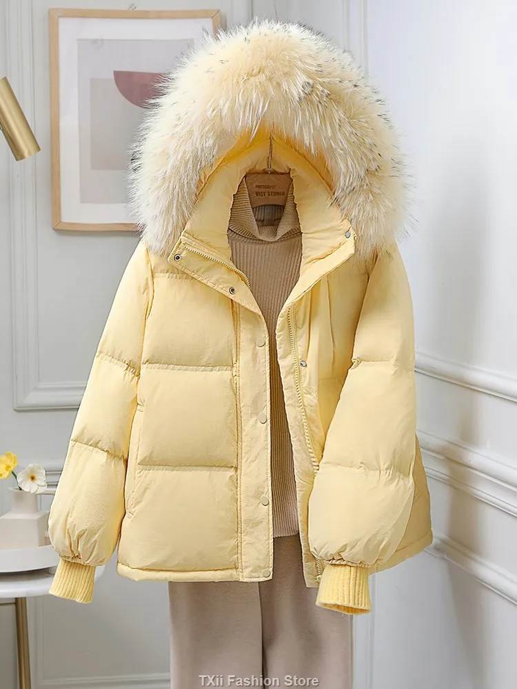 TXii 2023 Winter Women Natural Raccoon Fur White Duck Down Coat Female Hooded Warm Puffer Jacket Loose Parkas Snow Outwear