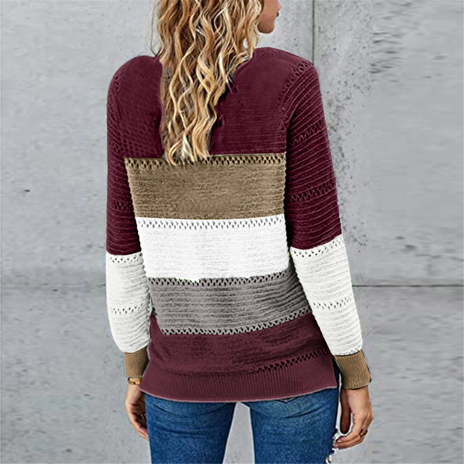 Jersey de manga larga con cuello en V para mujer, Top estético Sexy hueco, Tops cálidos cómodos, moda de retazos intercoloreados, Otoño e Invierno