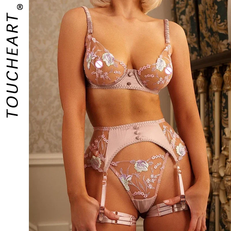 

Toucheart 4-Piece Set Sexy Lingerie Set Embroidery Patchwork Mesh See-Through Exotic Underwear Women Garter Belt Underwear Suit