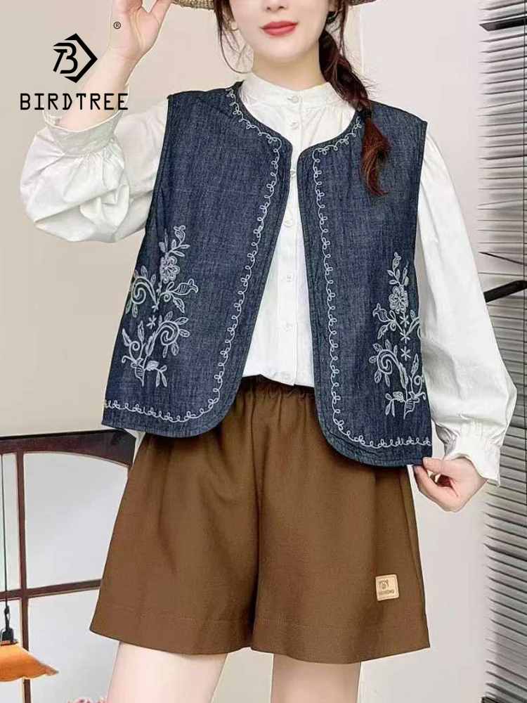 

Новый весенний джинсовый жилет 2026, женское свободное пальто без рукавов с круглым вырезом и цветочной вышивкой, Mori Girl, простое свободное пальто во французском стиле ретро C5D676CC