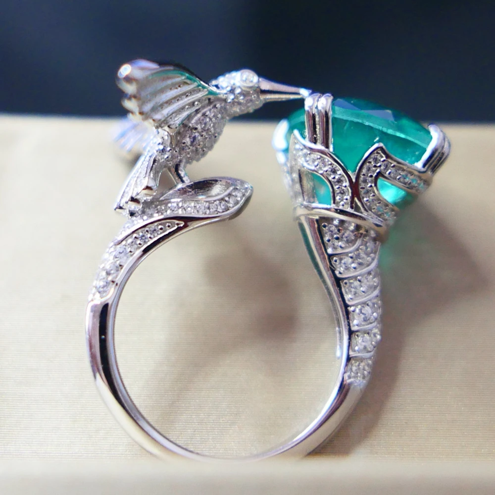 100% 925 Sterling Silver Created Blue Green Gemstone  Paraiba Tourmaline High Carbon Diamond Bird Shape Rings Luxury Jewelry