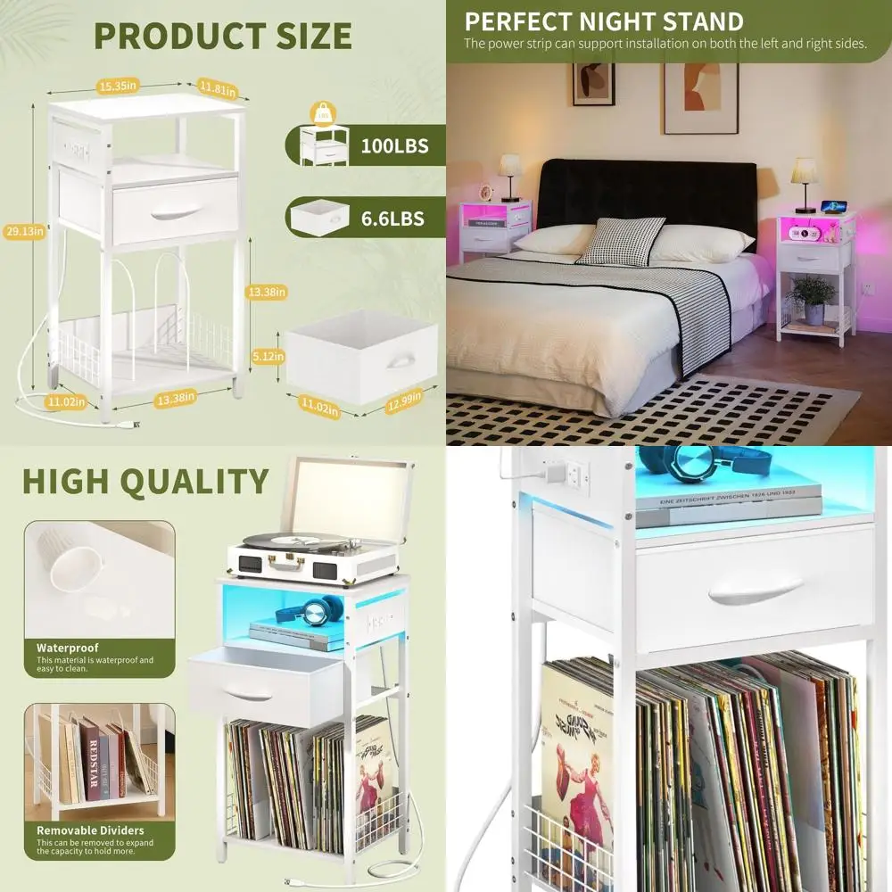 

3-Tier White Bedroom Nightstand with Charger & LED, Living Room End Table, Drawer Storage, Record Player Stand