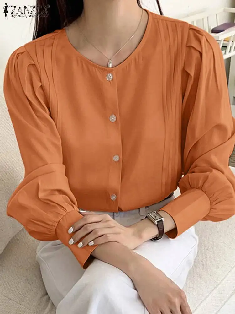 

ZANZEA Elegant Puff Long Sleeve Blusas Tunics Fashion Women Shirt 2024 Summer Pleated Buttons Blouse Casual Office Solid Tops