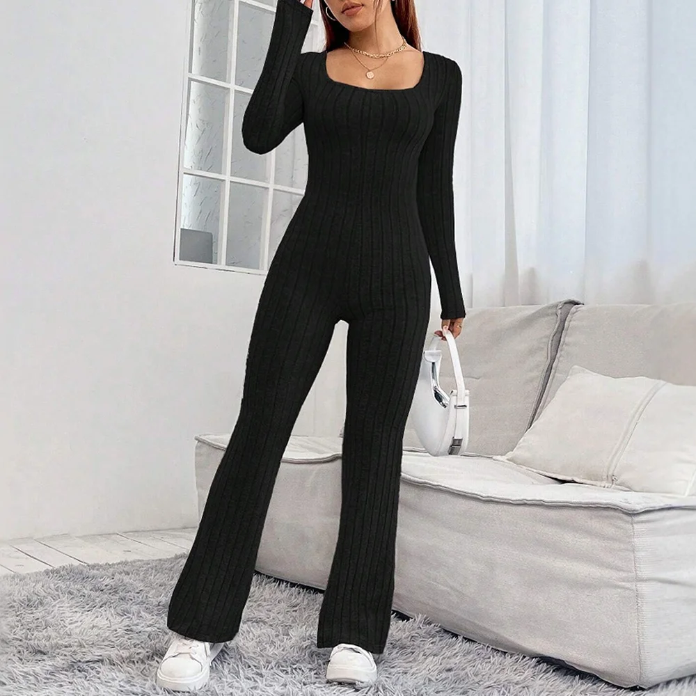 

Mia Muse Women's Jumpsuits Autumn Winter Simple Basics Solid Color Long Sleeve Square Neck Ankle Casual Jumpsuits