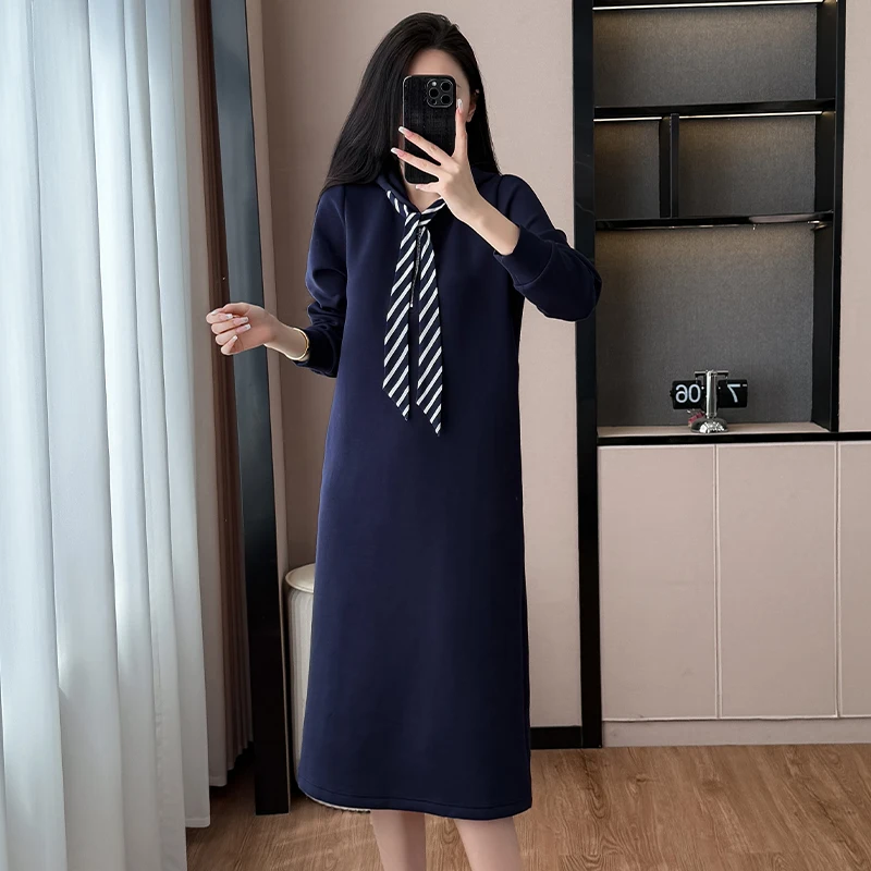 YZJNH 2026 autumn and winter new dress women's Korean version loose hooded long sleeved dress casual plus size dress women